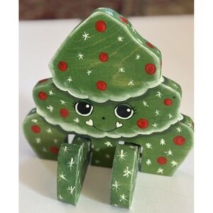 Vtg Wood Sitting Christmas Tree Decoration Signed J Lee Anthropomorphic Homemade